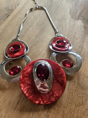 Red Statement Necklace with Silver Accents